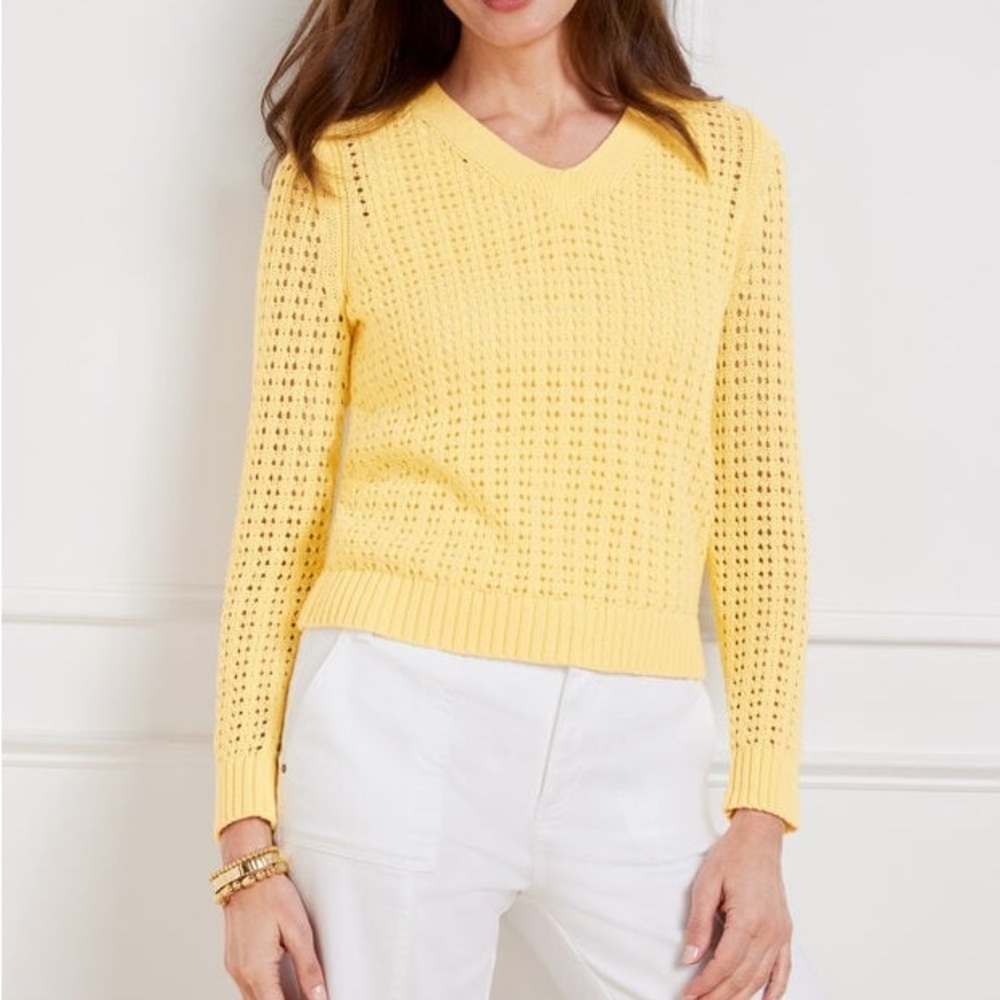Talbots V-Neck Sweater Womens Yellow Pointelle S Knit Pullover Casual Summer